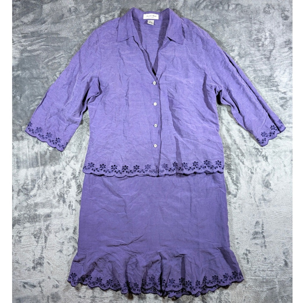 Vintage Judith Hart Womens Silk Linen Floral Embroidered Skirt Set 16 Purple